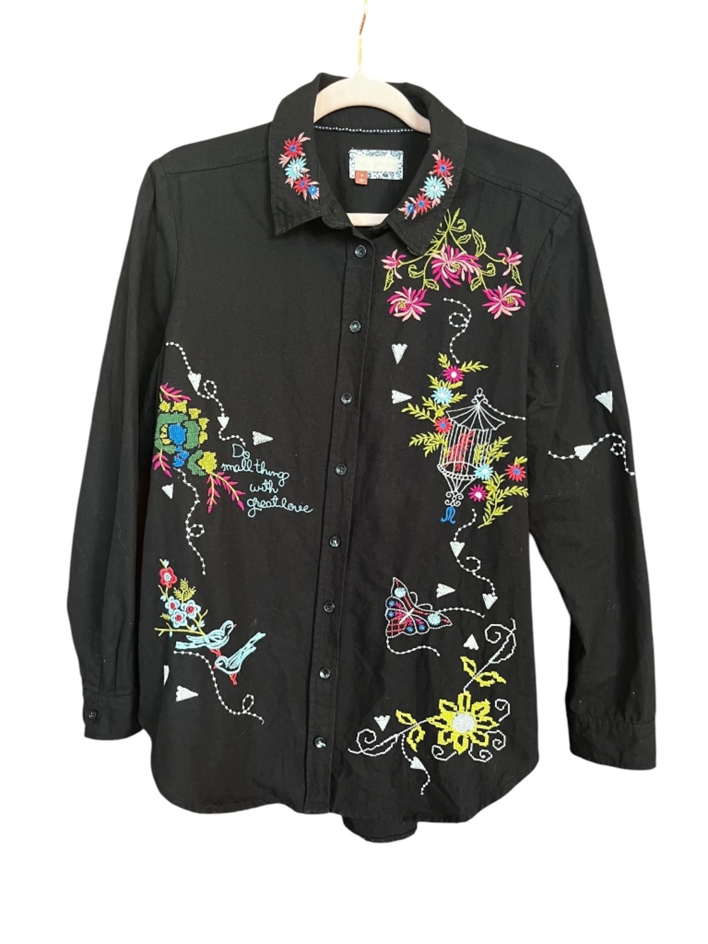Pilcro Anthropologie Black Embroidered Western Buttondown Linen Blend Shirt SZ M